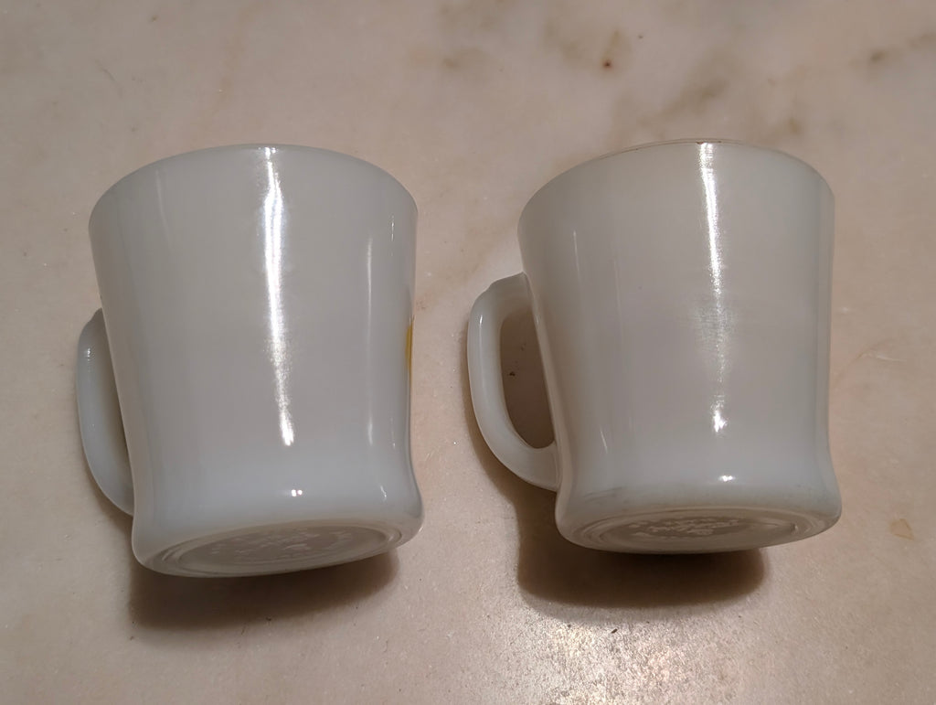Anchor Hocking Fire-King Milk Glass Coffee Mugs Hand Painted Floral Set (2)