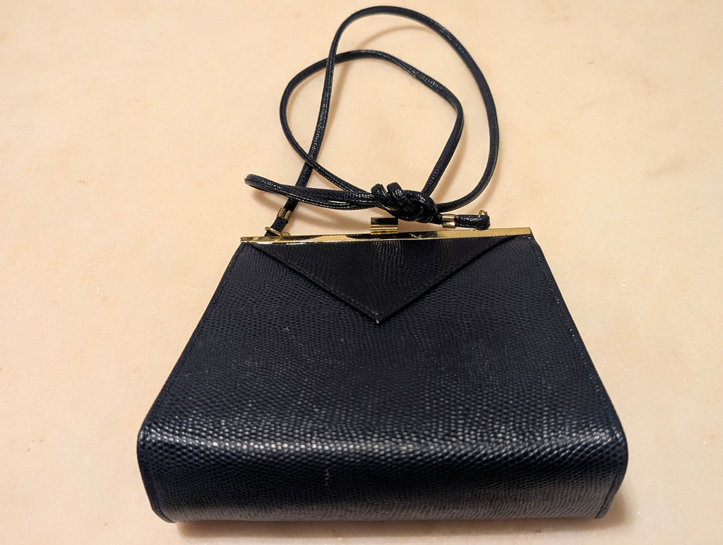 Vintage Black Lizard Embossed Evening Bag Gold Frame Convertible Clutch
