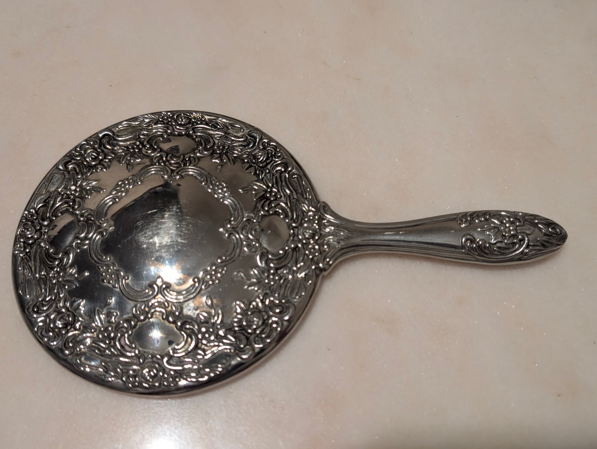 Vintage Ornate Silver Tone Hand Mirror Vanity Dressing Mirror Floral Scrollwork