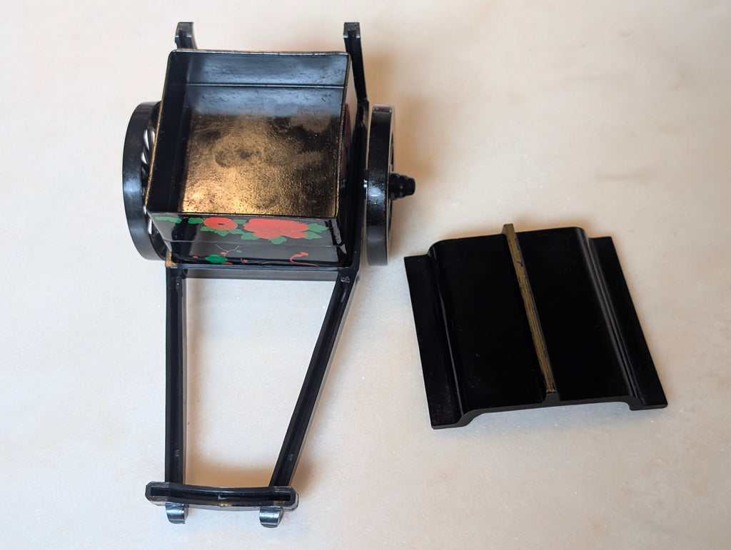 Vintage Japanese Lacquer Miniature Rickshaw Jewelry Trinket Box Black Floral