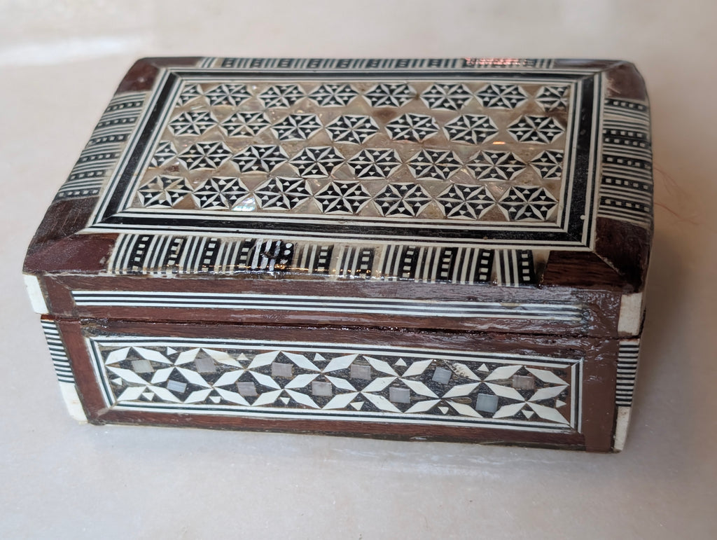 Syrian Style Mother of Pearl Inlay Wood Jewelry Trinket Box Red Velvet Lined