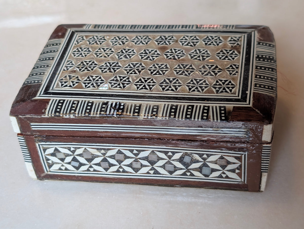 Syrian Style Mother of Pearl Inlay Wood Jewelry Trinket Box Red Velvet Lined