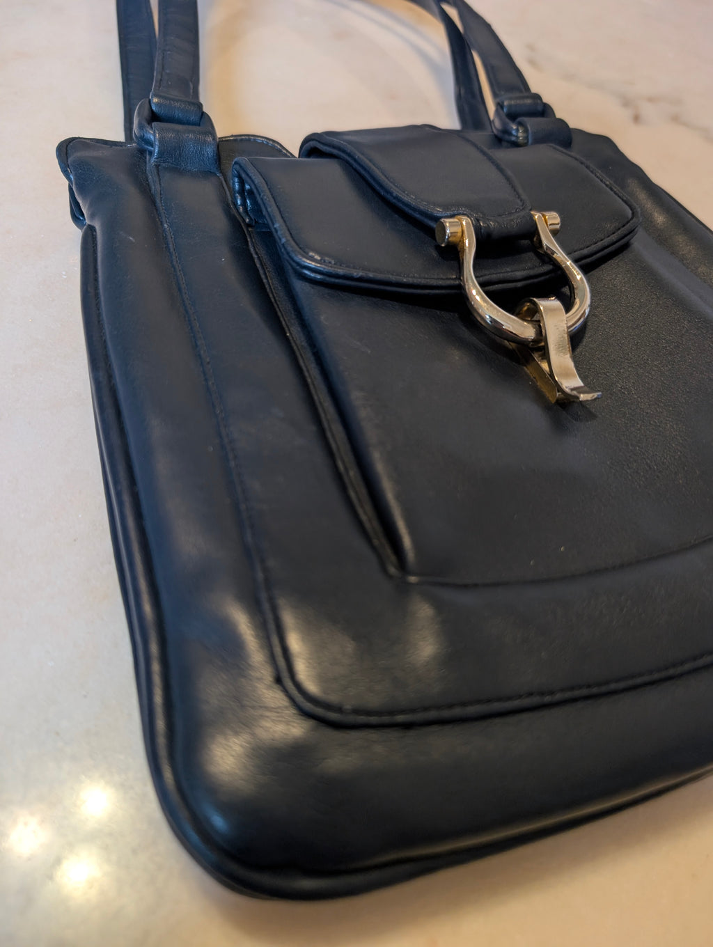 Lou Taylor Leather Navy Blue Shoulder Purse with Vanity Mirror