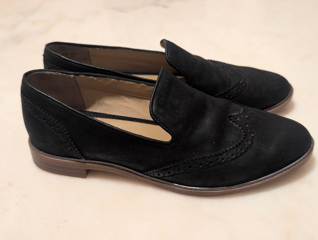 Franco Sarto Black Leather Smoking Loafers Wingtip Flats (size 7M)