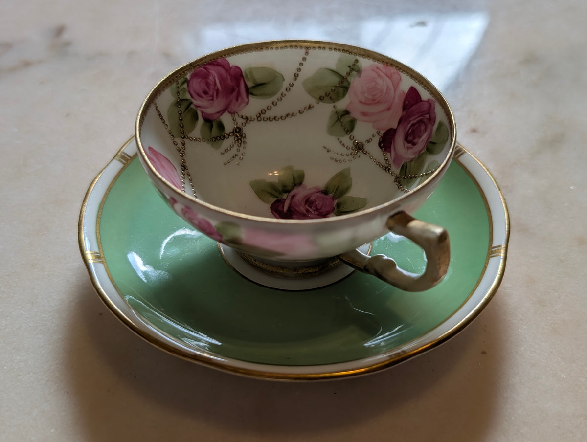 Antique Nippon Hand Printed Porcelain Teacup with Adderley Bone China Saucer – Mismatched Pair