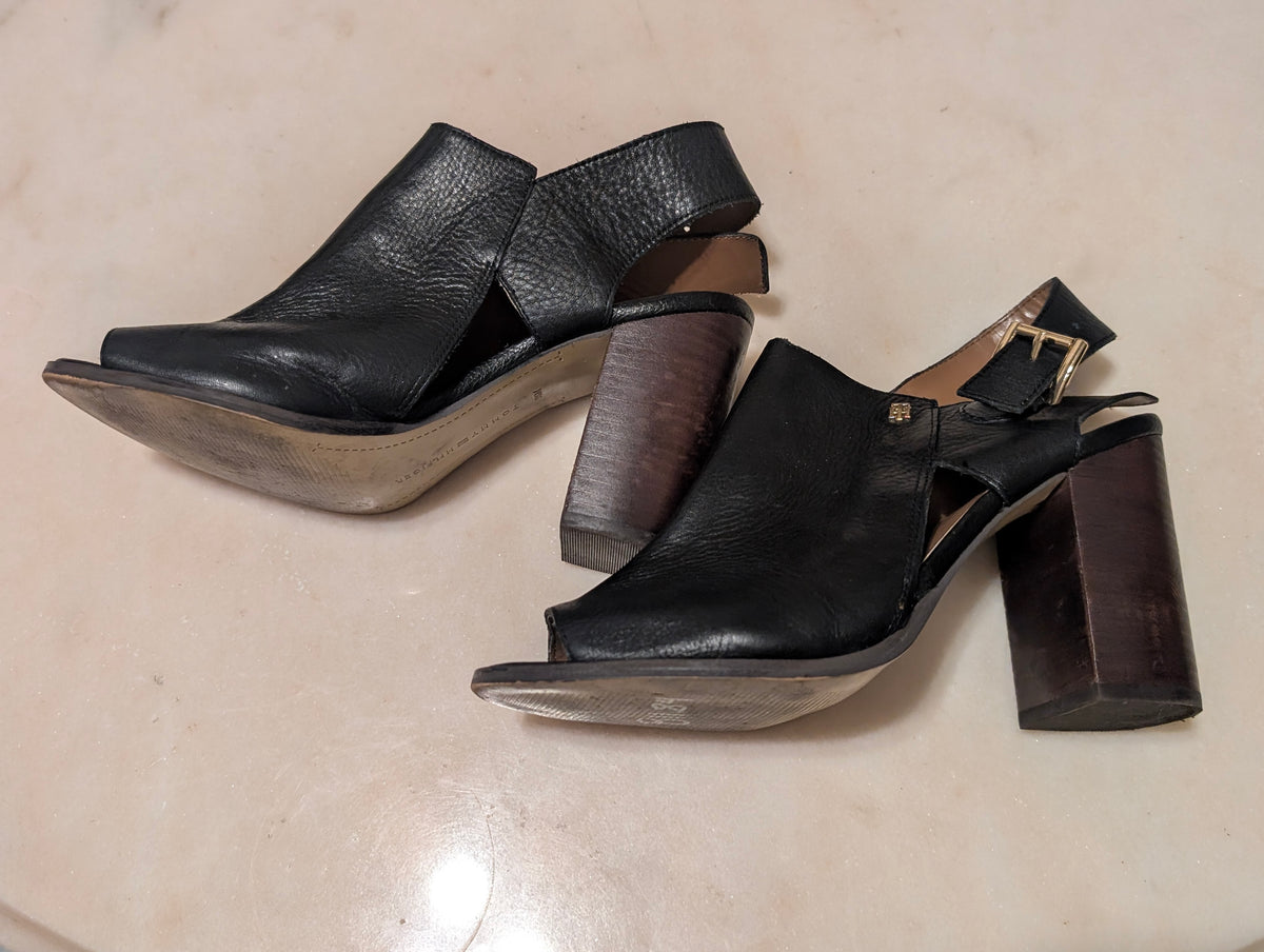 Tommy Hilfiger Black Leather Peep Toe Slingback Block Heel Sandals Women's 9.5M
