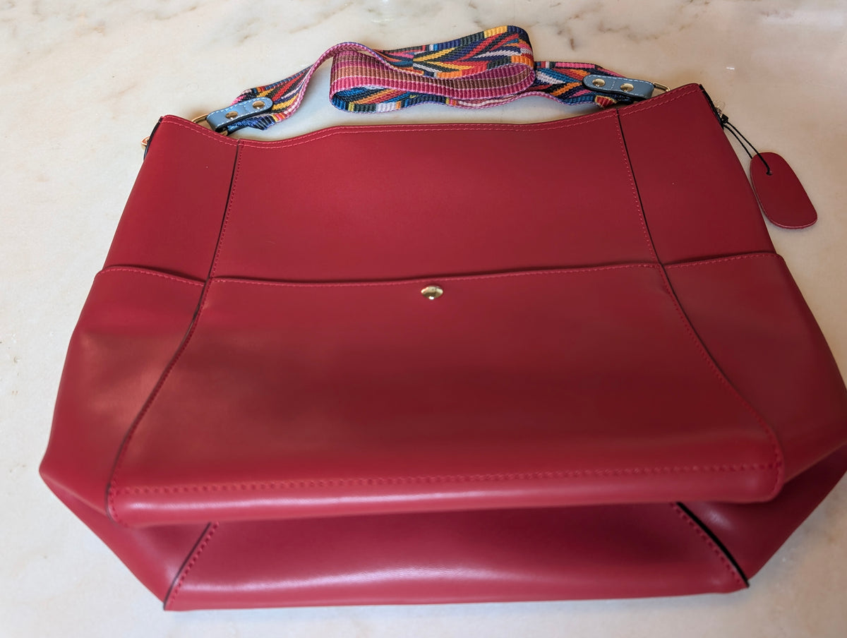 BOSTANTEN Leather Red Tote Shoulder Bag Colorful Woven Strap