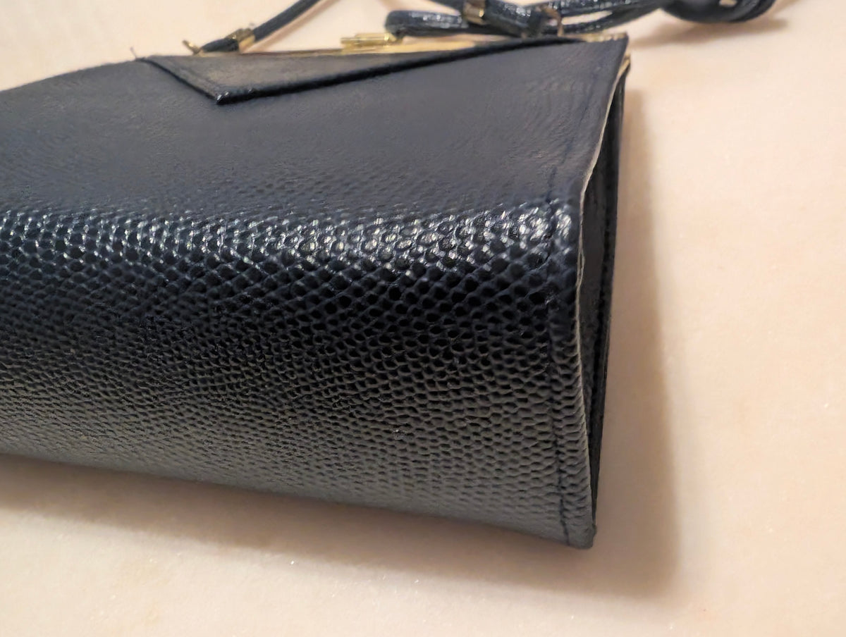 Vintage Black Lizard Embossed Evening Bag Gold Frame Convertible Clutch