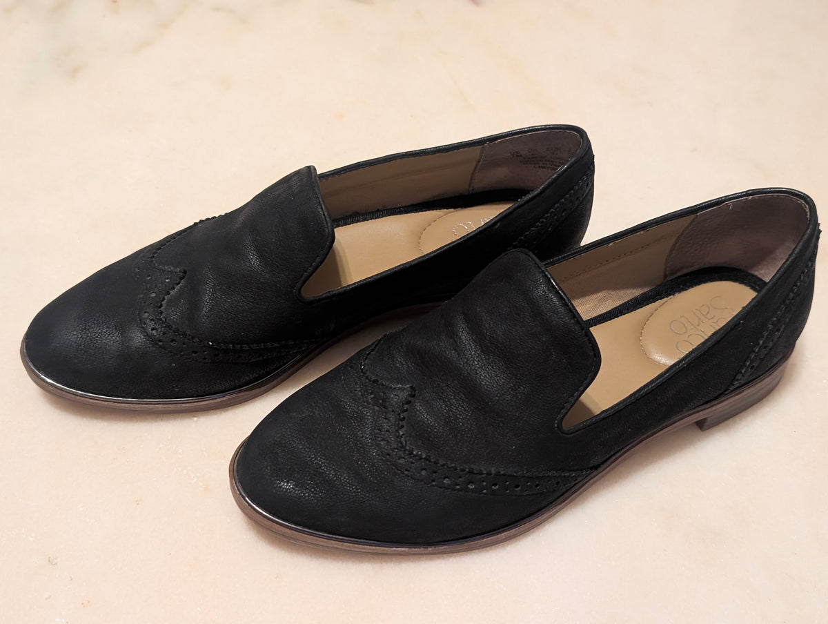 Franco Sarto Black Leather Smoking Loafers Wingtip Flats (size 7M)