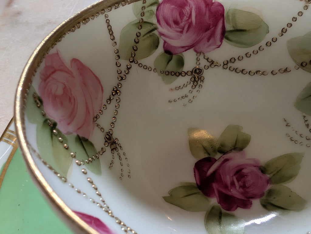Antique Nippon Hand Printed Porcelain Teacup with Adderley Bone China Saucer – Mismatched Pair