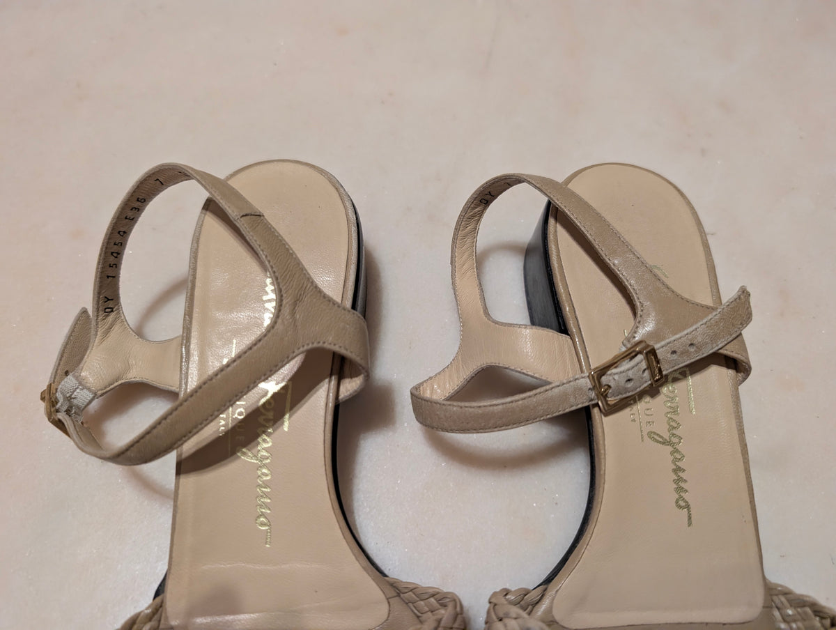 Salvatore Ferragamo Woven Leather Sandals Beige Italy Size 7B