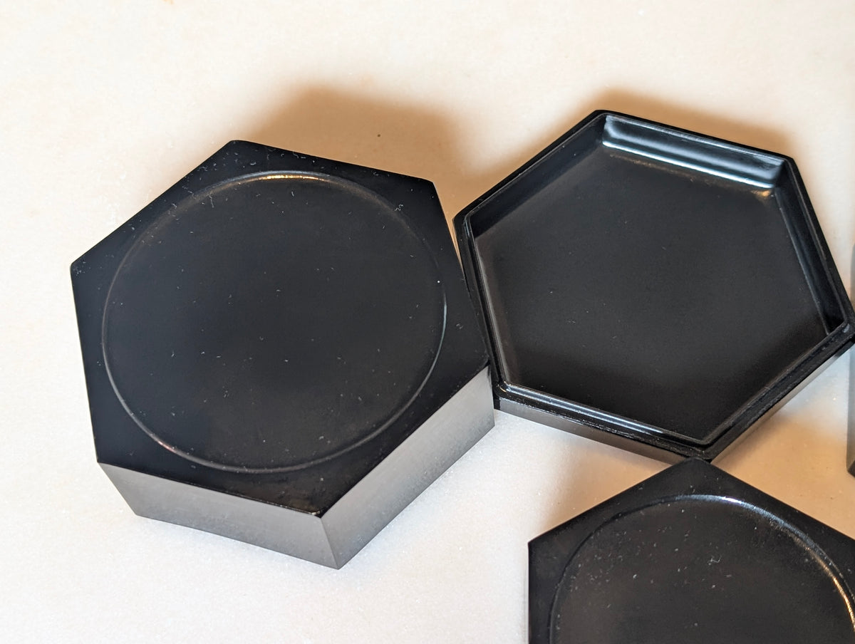 Japanese Black Lacquer Nesting Trinket Boxes Set of 3 Hexagon Mother of Pearl Butterfly Floral