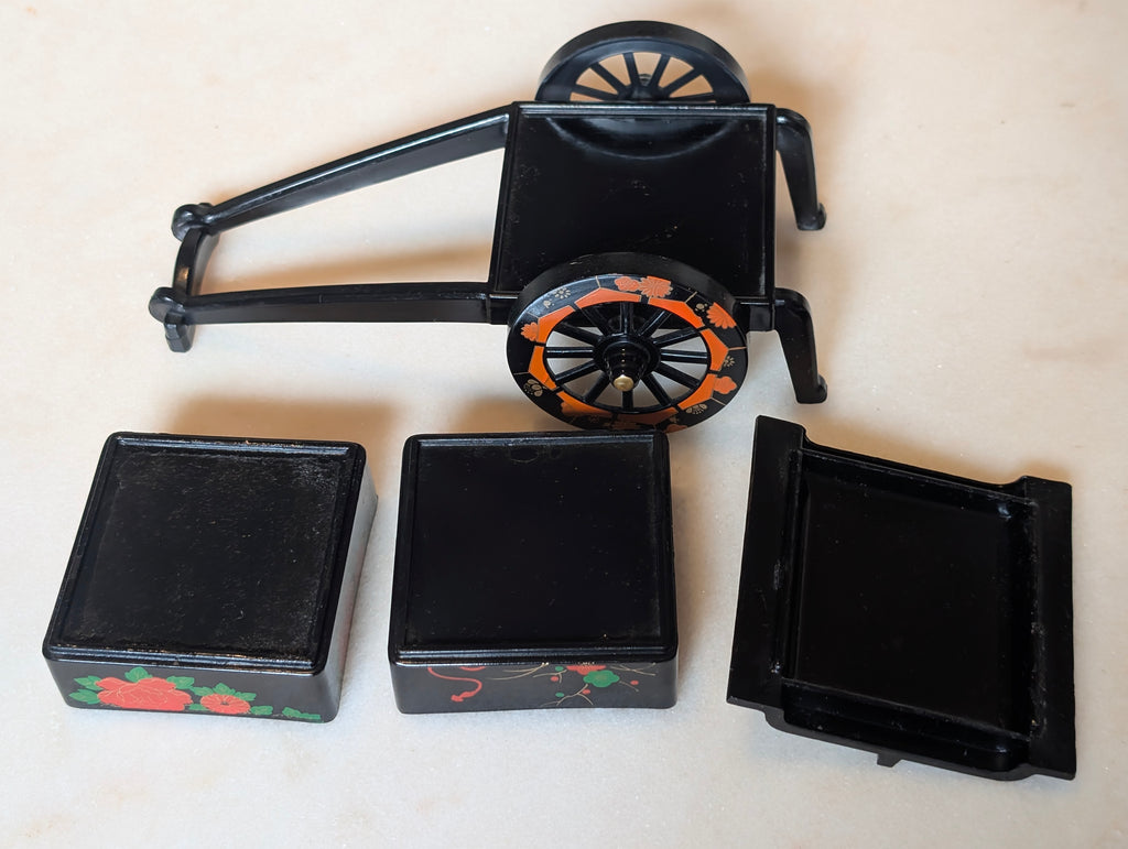 Vintage Japanese Lacquer Miniature Rickshaw Jewelry Trinket Box Black Floral