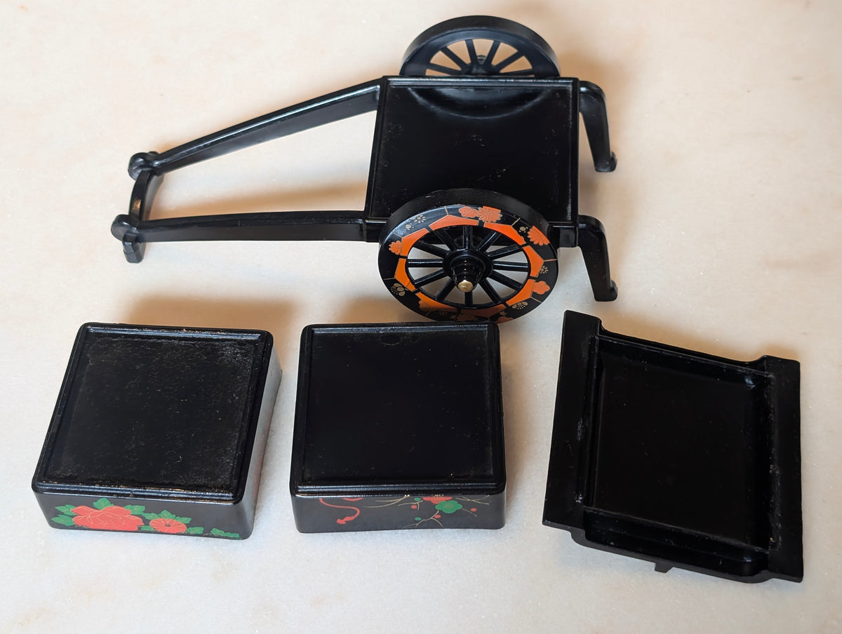Vintage Japanese Lacquer Miniature Rickshaw Jewelry Trinket Box Black Floral