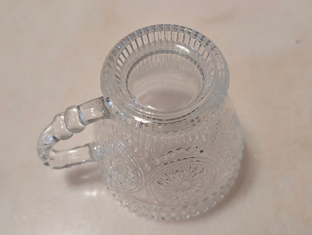 Vintage Clear Pressed Glass Teacup & Saucer Set Thumbprint Floral Pattern