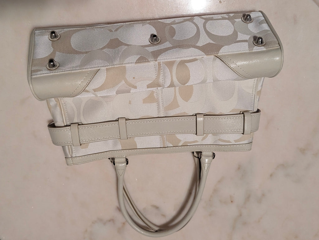 Coach Signature Jacquard Satchel Shoulder Bag Ivory Cream Tan Horsebit Leather