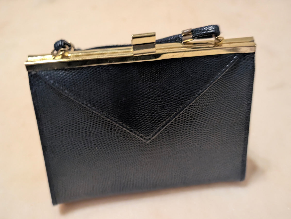 Vintage Black Lizard Embossed Evening Bag Gold Frame Convertible Clutch