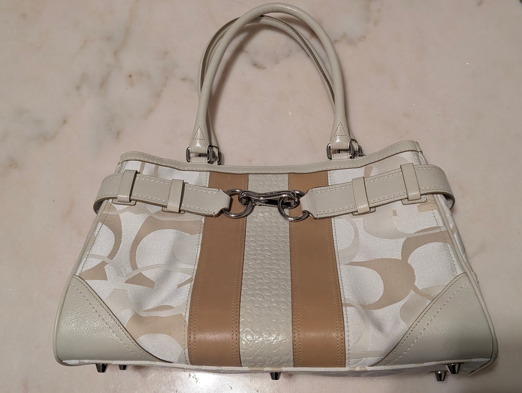 Coach Signature Jacquard Satchel Shoulder Bag Ivory Cream Tan Horsebit Leather