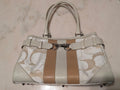 Coach Signature Jacquard Satchel Shoulder Bag Ivory Cream Tan Horsebit Leather