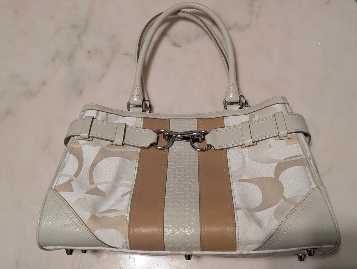 Coach Signature Jacquard Satchel Shoulder Bag Ivory Cream Tan Horsebit Leather
