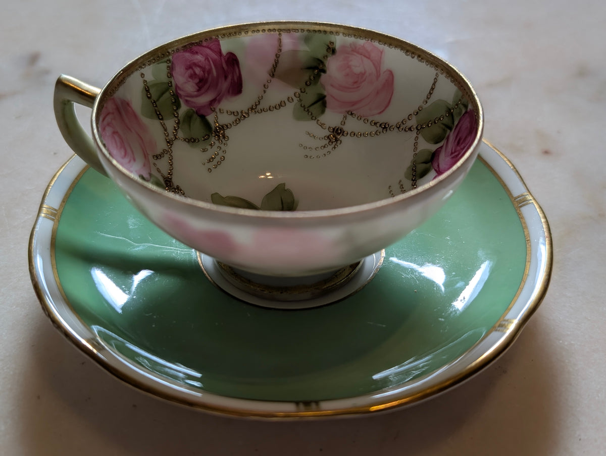 Antique Nippon Hand Printed Porcelain Teacup with Adderley Bone China Saucer – Mismatched Pair