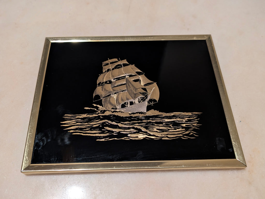 Vintage Kafka Industries #4118 3D Clipper Ship Foil Screen Etching Wall Art Framed Made in USA