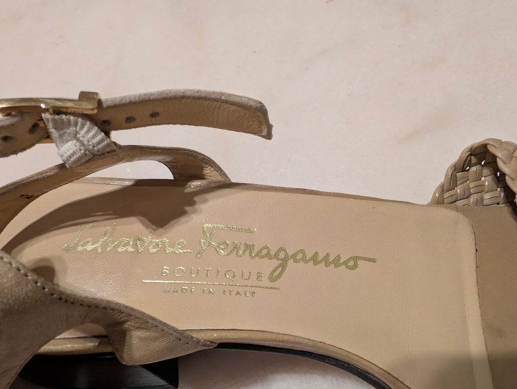 Salvatore Ferragamo Woven Leather Sandals Beige Italy Size 7B