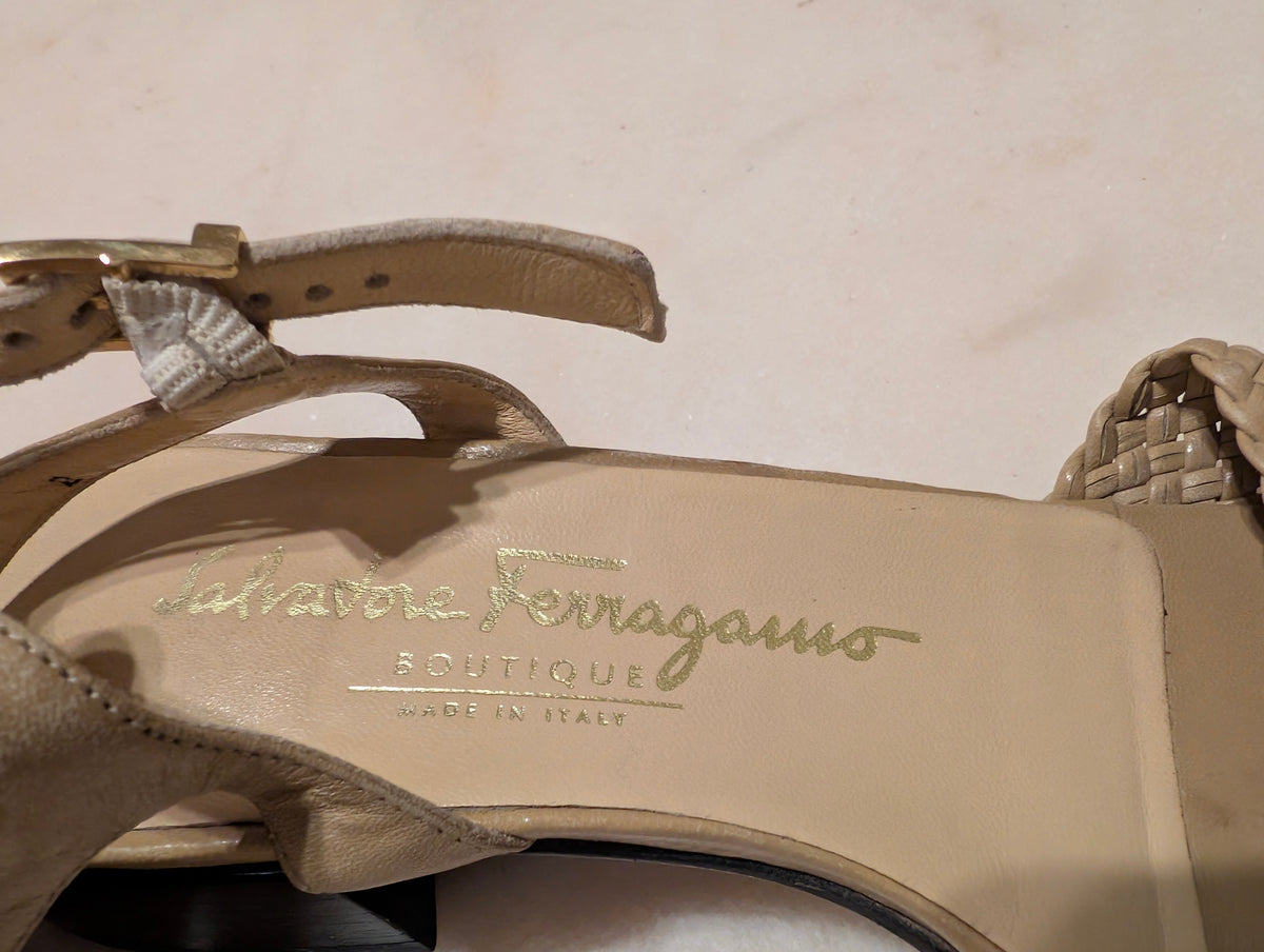 Salvatore Ferragamo Woven Leather Sandals Beige Italy Size 7B