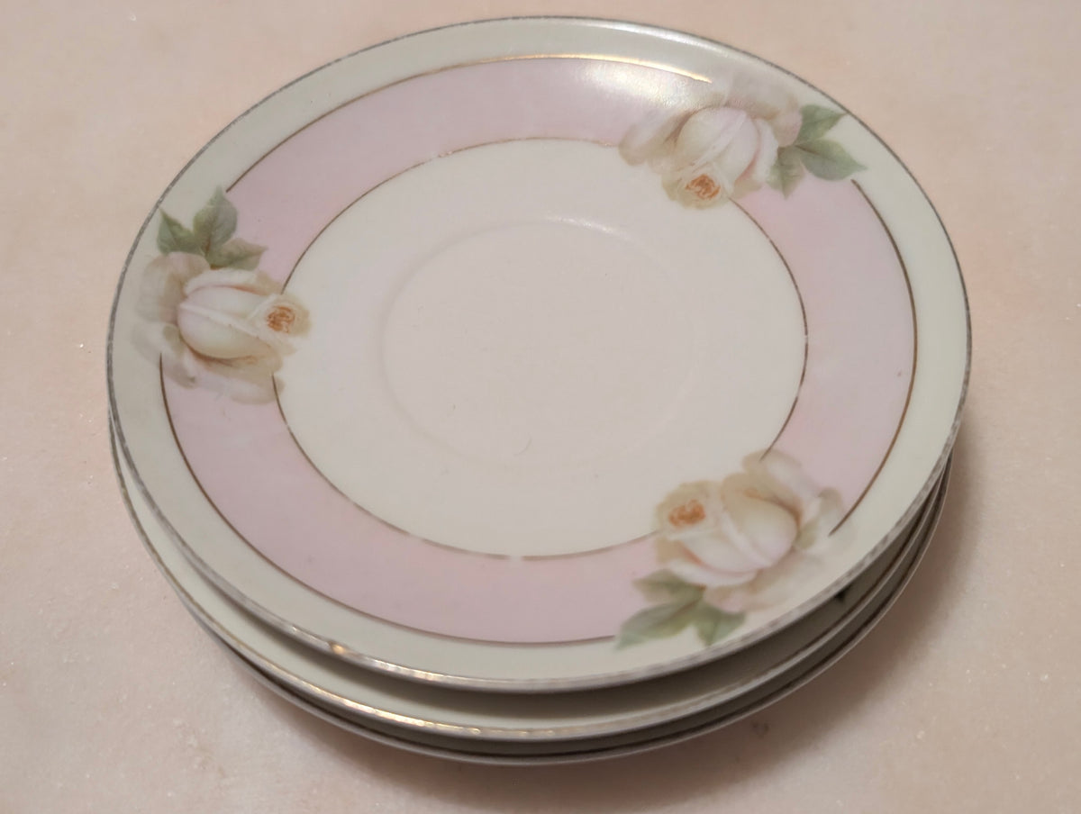 Antique Royal Rudolstadt Prussia Hand Painted Floral Saucers Set of 3 Pink Rose Gold Trim