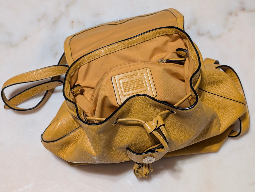 Coach F72645 Mustard Yellow Pebbled Leather Backpack Drawstring Flap Bag