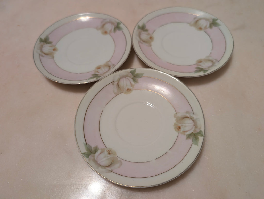 Antique Royal Rudolstadt Prussia Hand Painted Floral Saucers Set of 3 Pink Rose Gold Trim