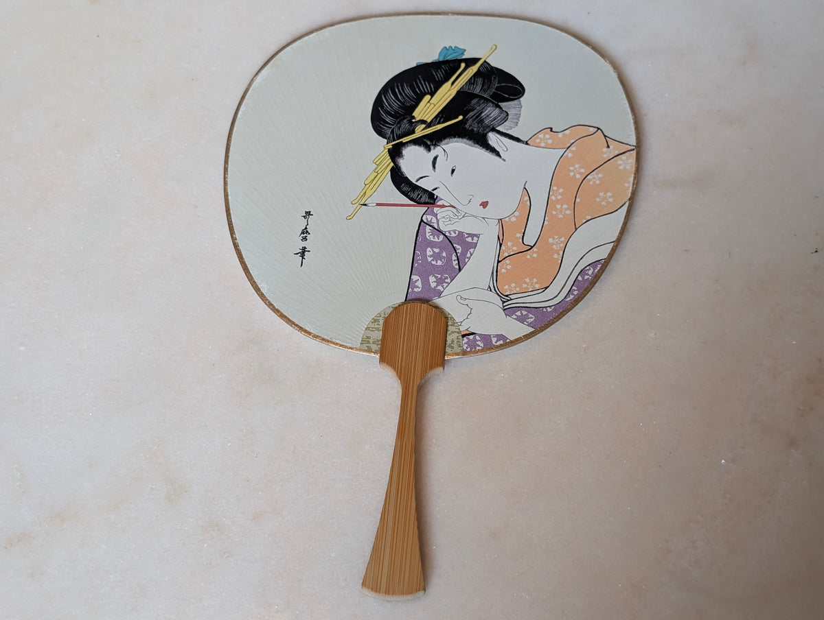 Vintage Japanese Uchiwa Bamboo Hand Fans Pair Geisha Bijin Utamaro Style