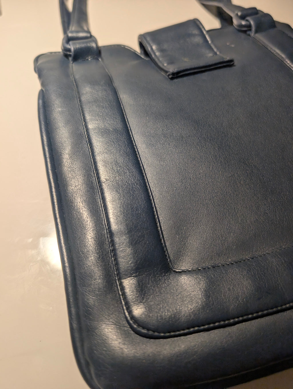 Lou Taylor Leather Navy Blue Shoulder Purse with Vanity Mirror