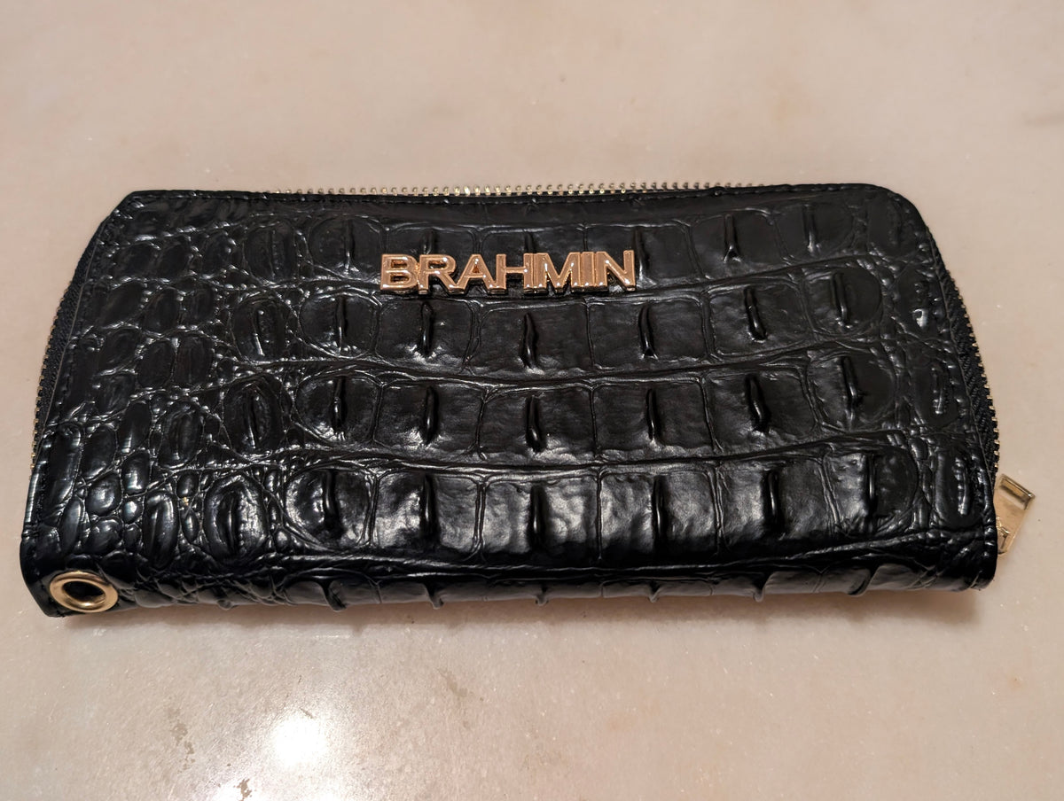 Brahmin Black Melbourne Croc Embossed Leather Zip Around Wallet Purse