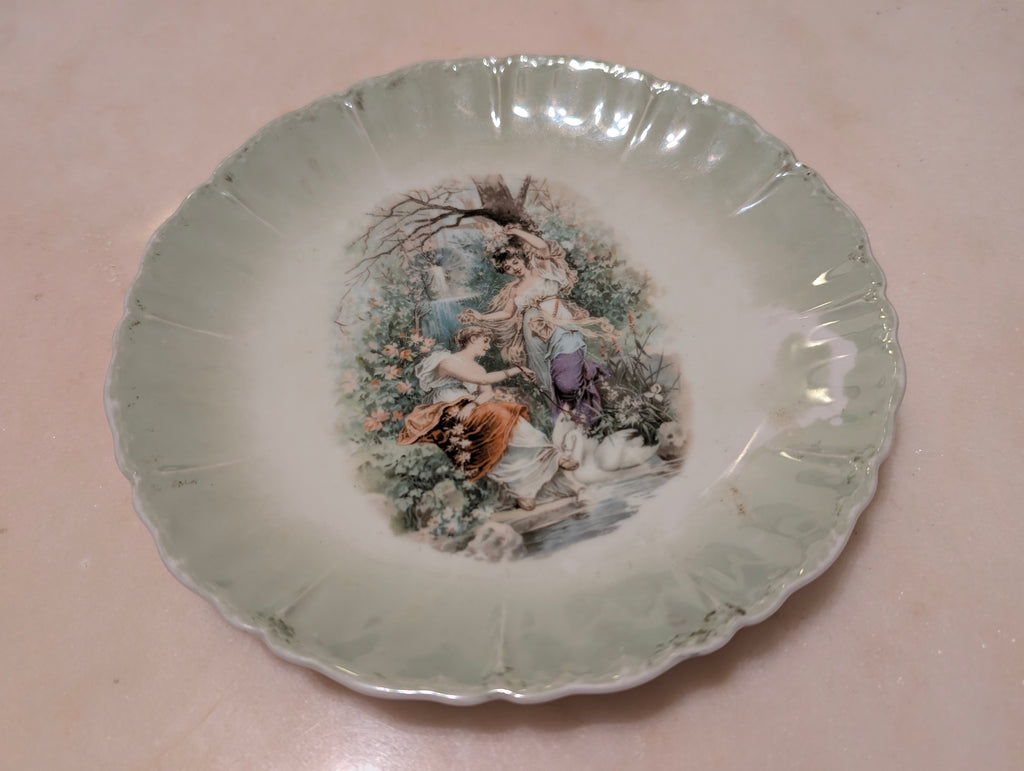 Antique German Porcelain Decorative Bowl Scalloped Green Border Romantic Scene