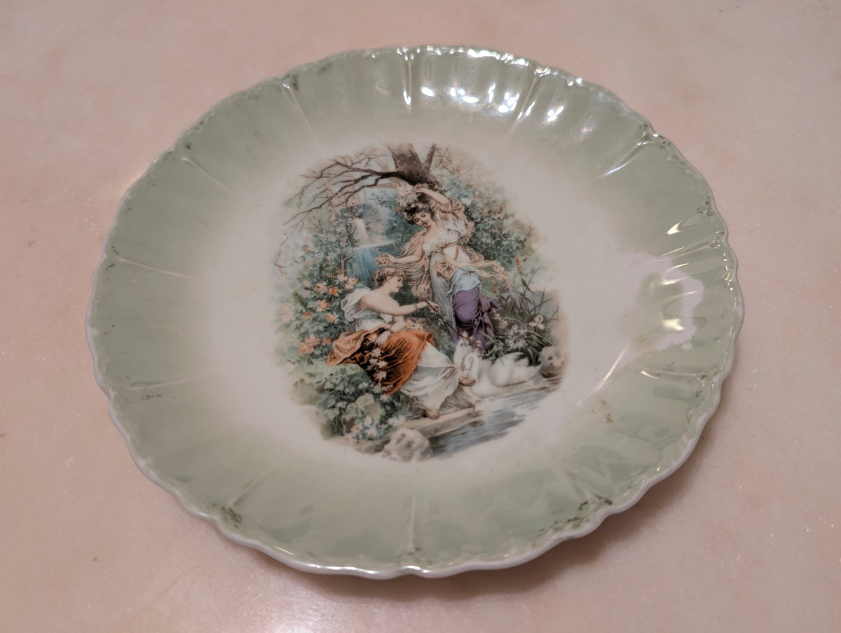 Antique German Porcelain Decorative Bowl Scalloped Green Border Romantic Scene