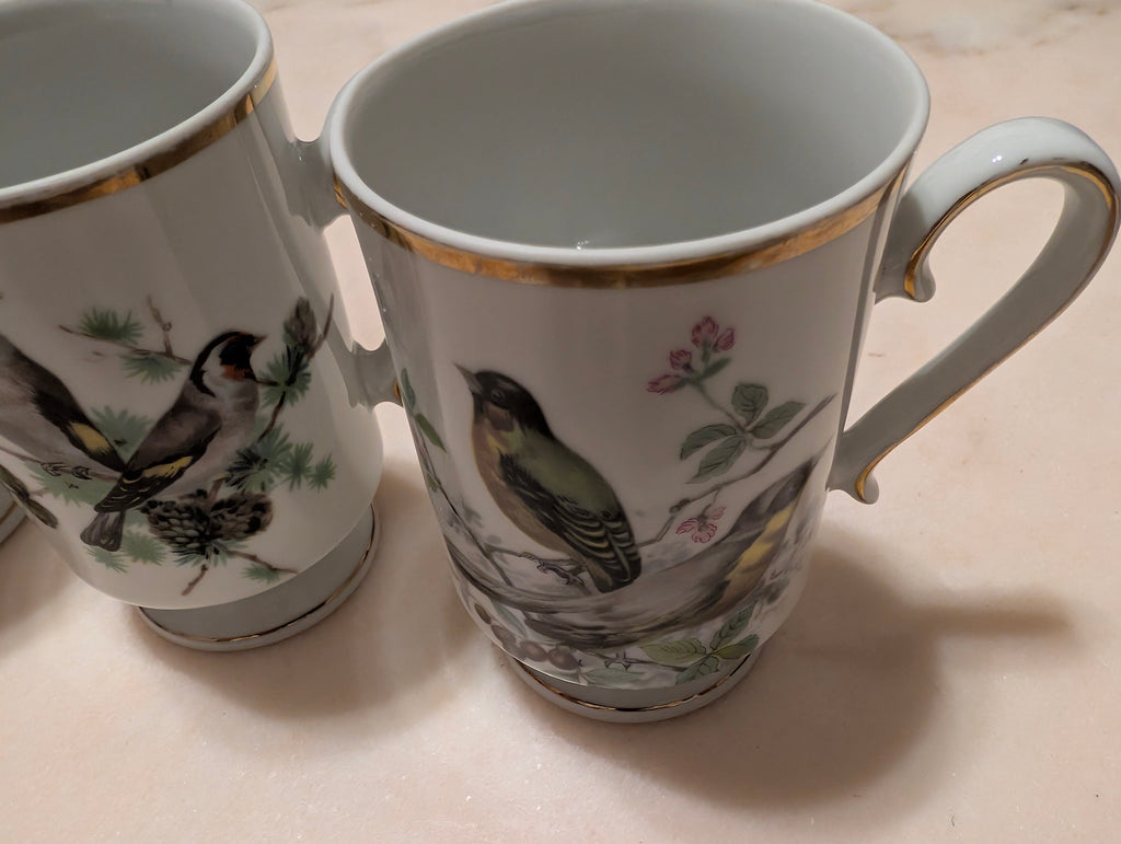 Royal Crown Japan Bird Pedestal Coffee Tea Mugs (3) Gold Trim Porcelain
