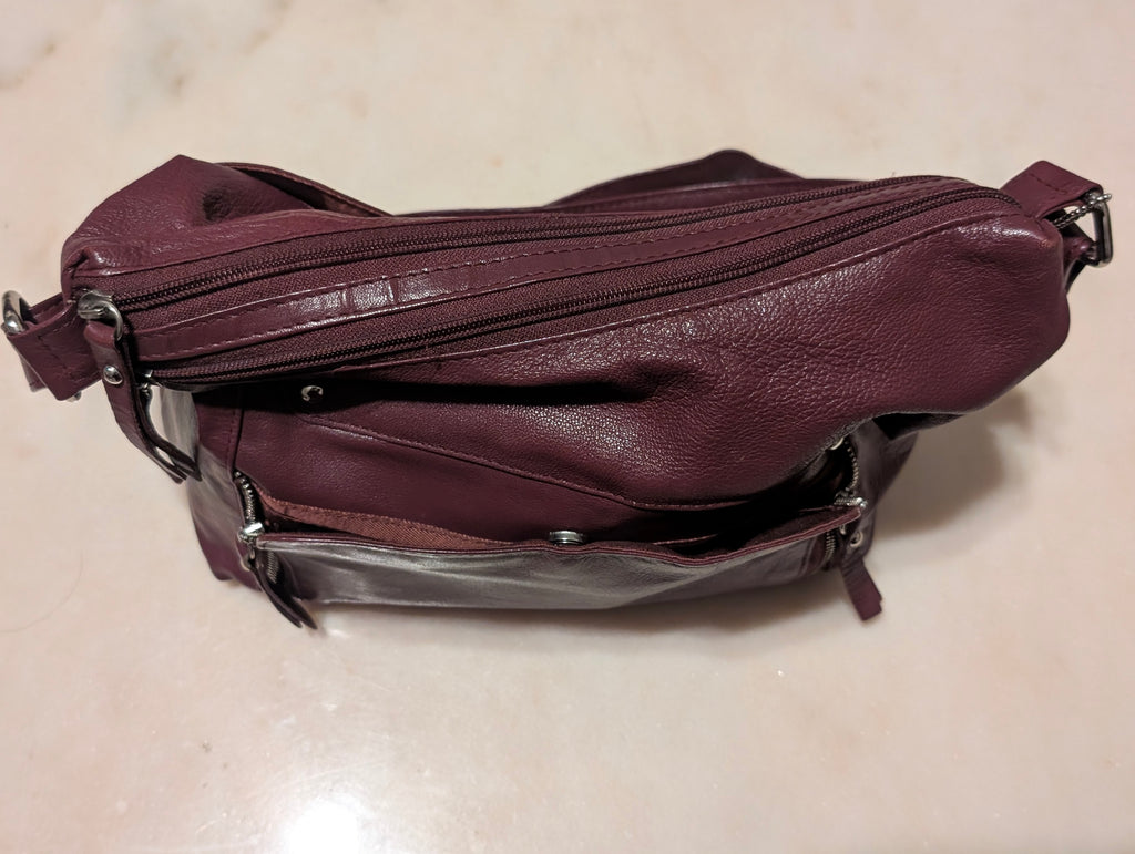 Burgundy Leather Shoulder Bag – Multiple Zip Pockets