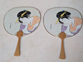 Vintage Japanese Uchiwa Bamboo Hand Fans Pair Geisha Bijin Utamaro Style