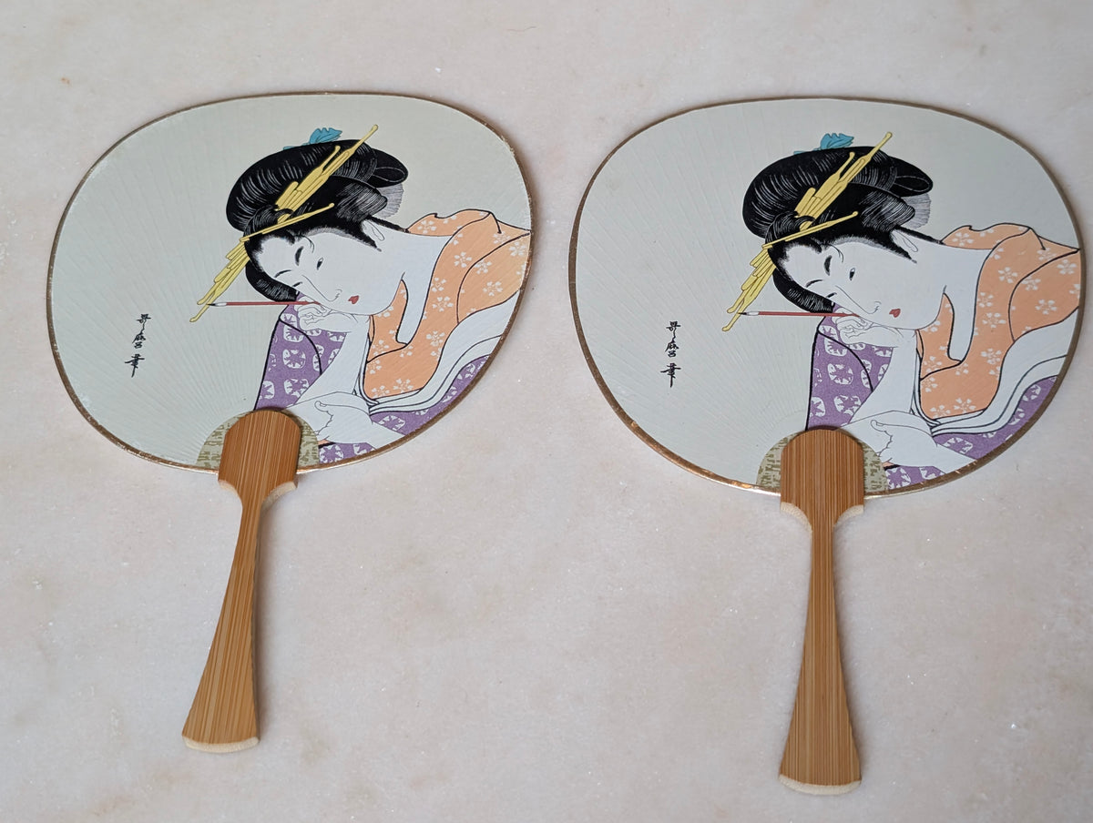 Vintage Japanese Uchiwa Bamboo Hand Fans Pair Geisha Bijin Utamaro Style
