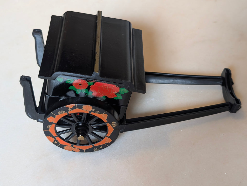Vintage Japanese Lacquer Miniature Rickshaw Jewelry Trinket Box Black Floral
