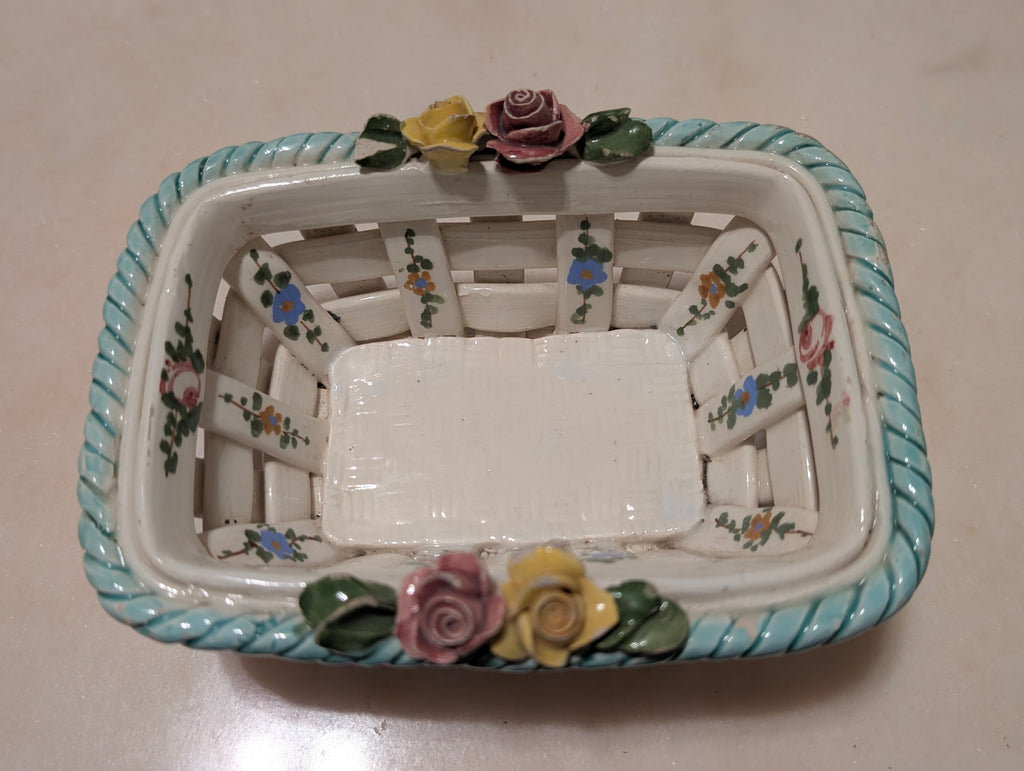 Vintage Hand Painted Italian Ceramic Lattice Basket with Roses and Floral