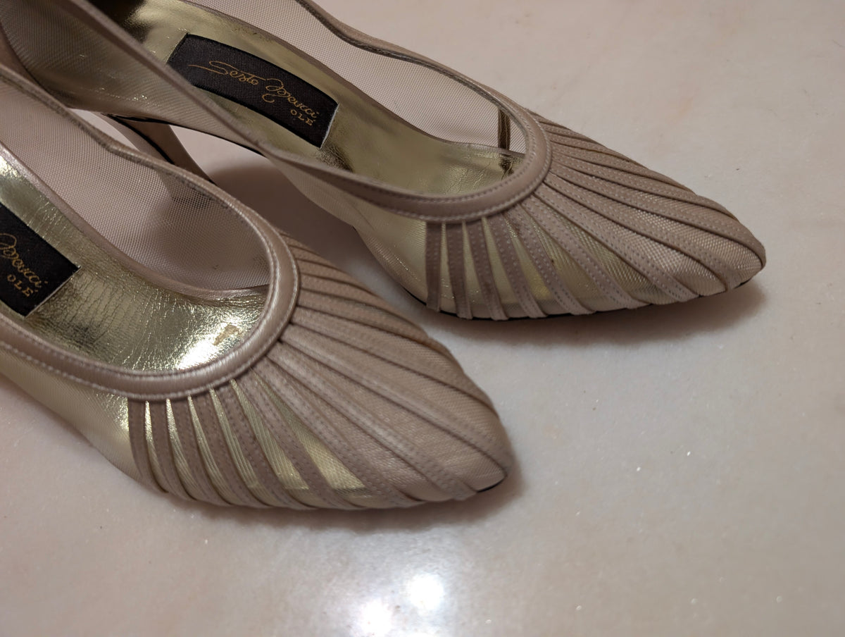Sesto Meucci Mesh and Leather, Champagne Gold Heel Pumps (size 6 ）made in spain