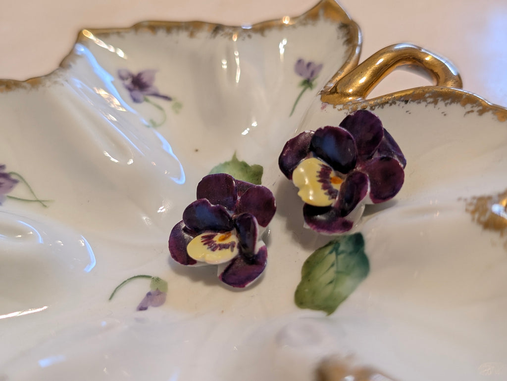 Norcrest Fine China Hand Painted Leaf Dish with Applied Pansies Gold Trim #8/596