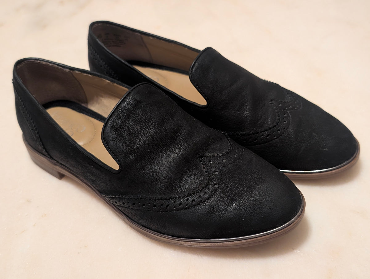 Franco Sarto Black Leather Smoking Loafers Wingtip Flats (size 7M)