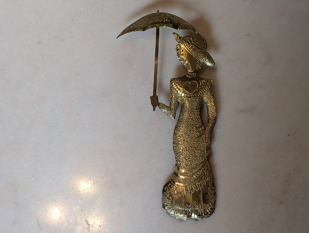 Vintage Brass Victorian Ladies Wall Plaques Pair Umbrella Parasol Hollywood Rege