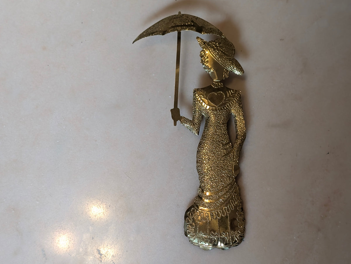 Vintage Brass Victorian Ladies Wall Plaques Pair Umbrella Parasol Hollywood Rege