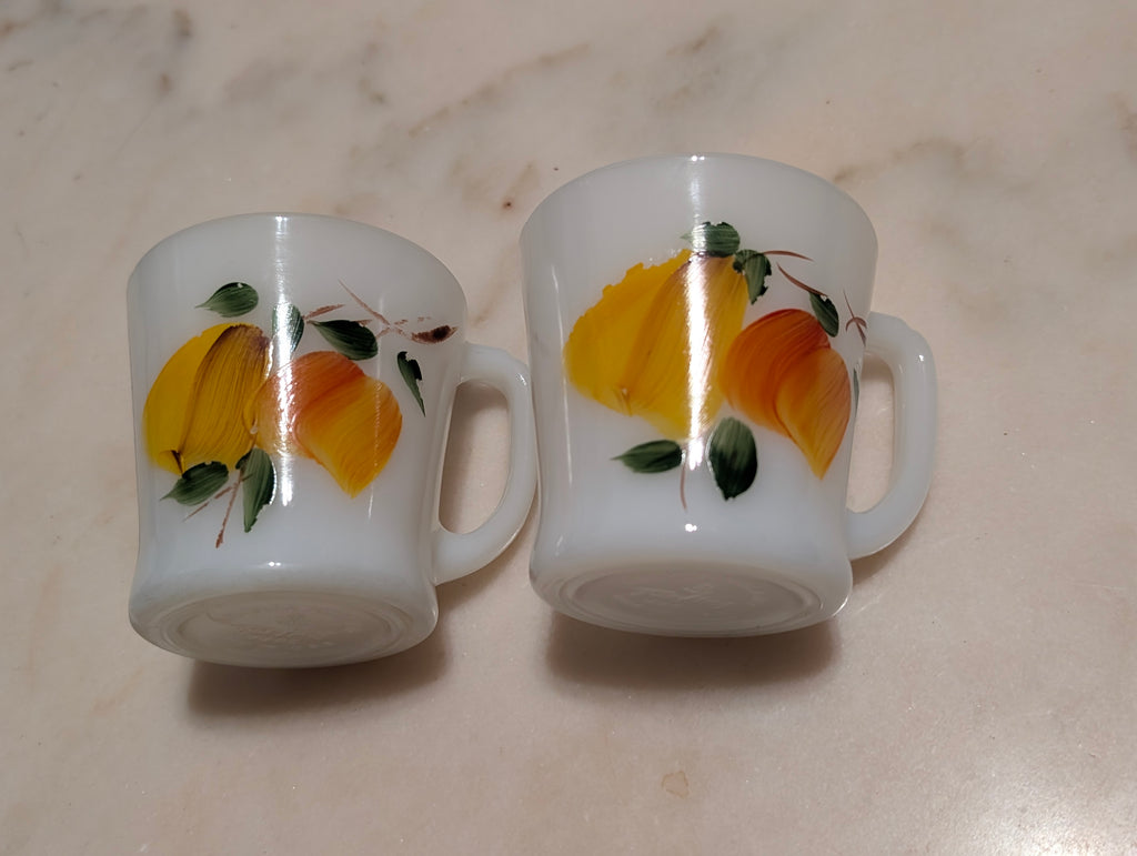 Anchor Hocking Fire-King Milk Glass Coffee Mugs Hand Painted Floral Set (2)