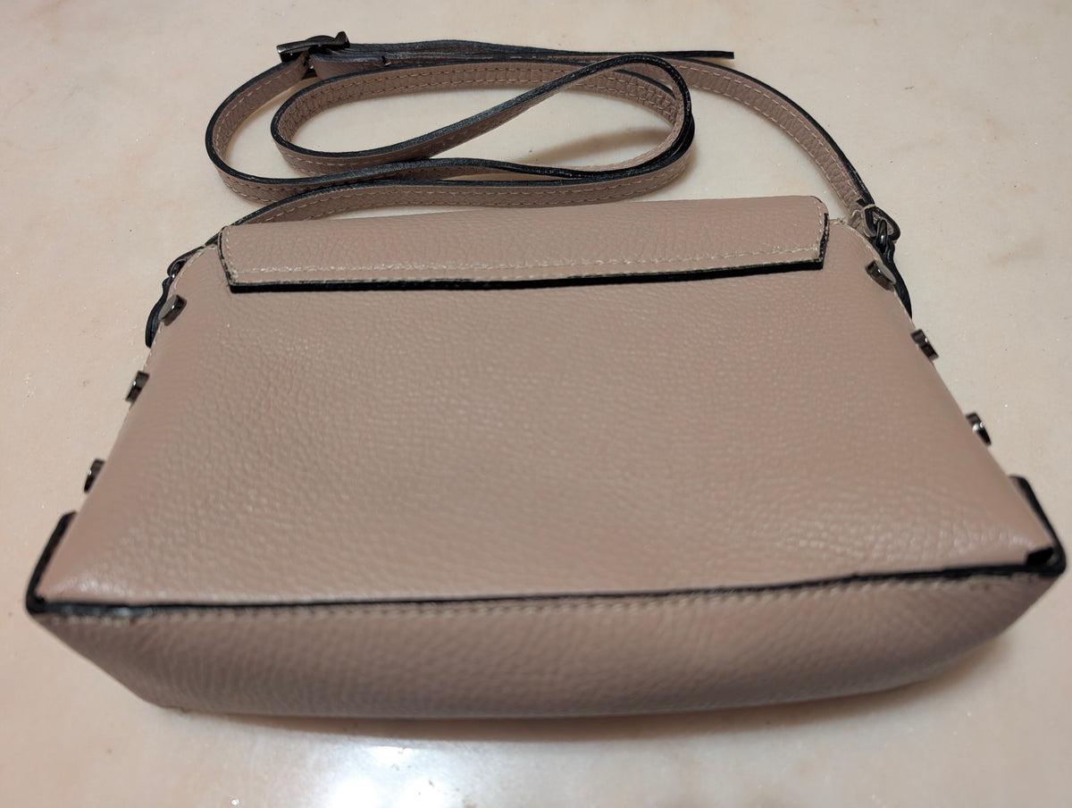 Italian Leather Crossbody Shoulder Bag Taupe Pebbled Leather Made Italy