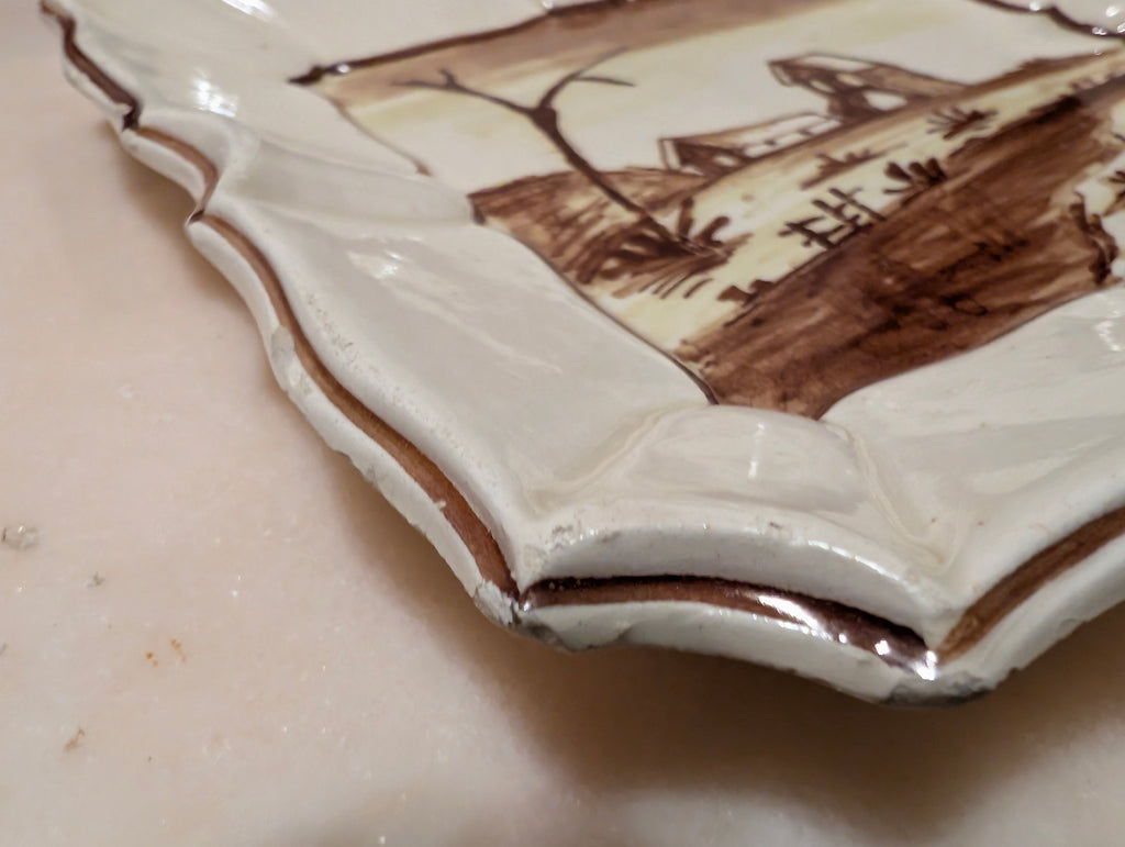 Vintage Italian Hand Painted Ceramic Landscape Plates Set of 2 Scalloped, Made in Italy